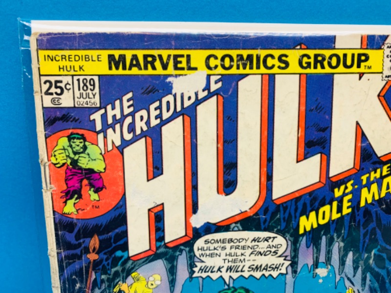 Photo 4 of 625375…vintage Hulk comic 189 in plastic sleeve- shows wear from age