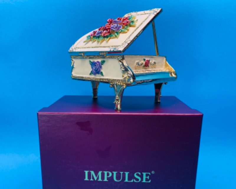 Photo 3 of 625634…   4” impulse musical jeweled and crystal enamel hinged trinket box in satin lined box 