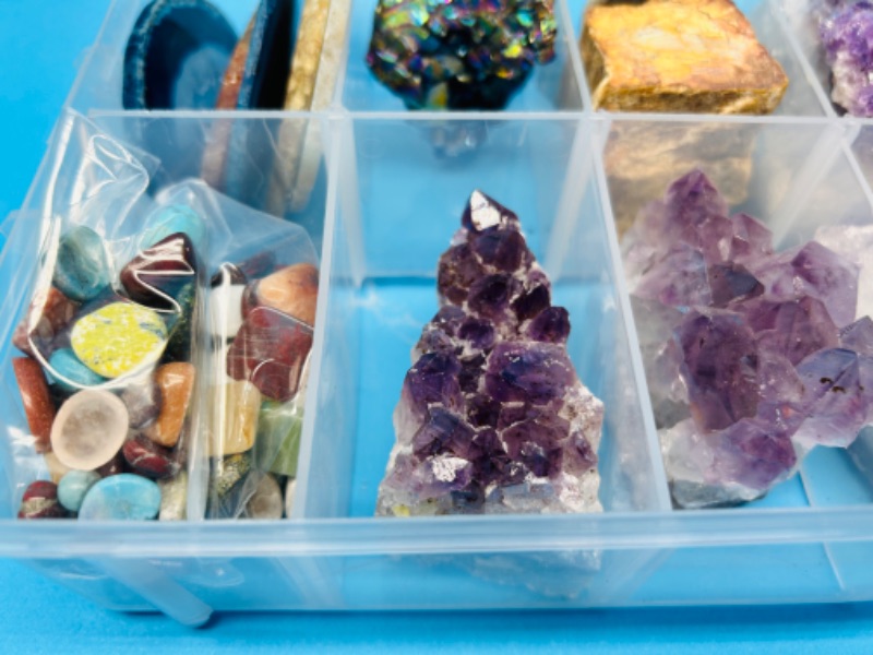 Photo 2 of 625827…rock collection in organizer- agate slices, amethyst, petrified wood, titanium, and polished 