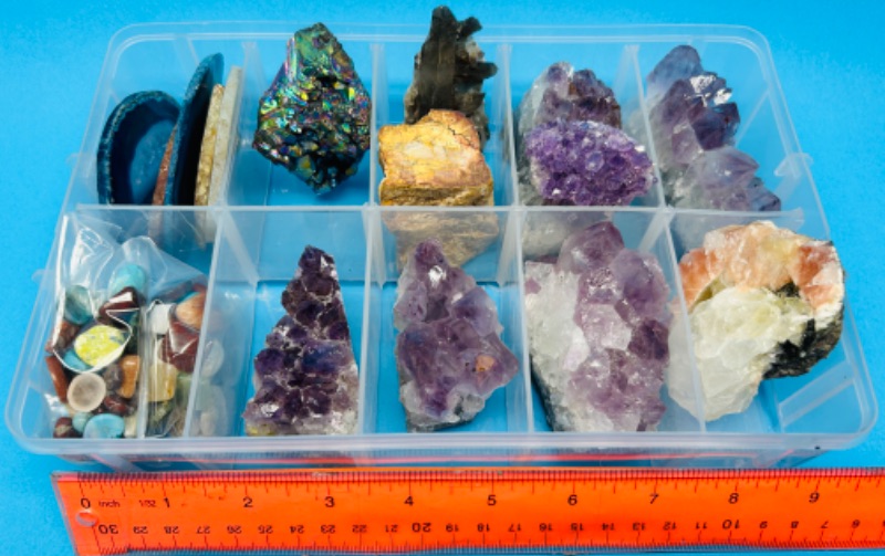 Photo 1 of 625827…rock collection in organizer- agate slices, amethyst, petrified wood, titanium, and polished 