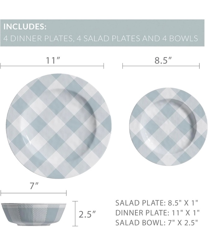 Photo 2 of 626098…12 piece Barnyard chip resistant dinnerware light plaid blue 