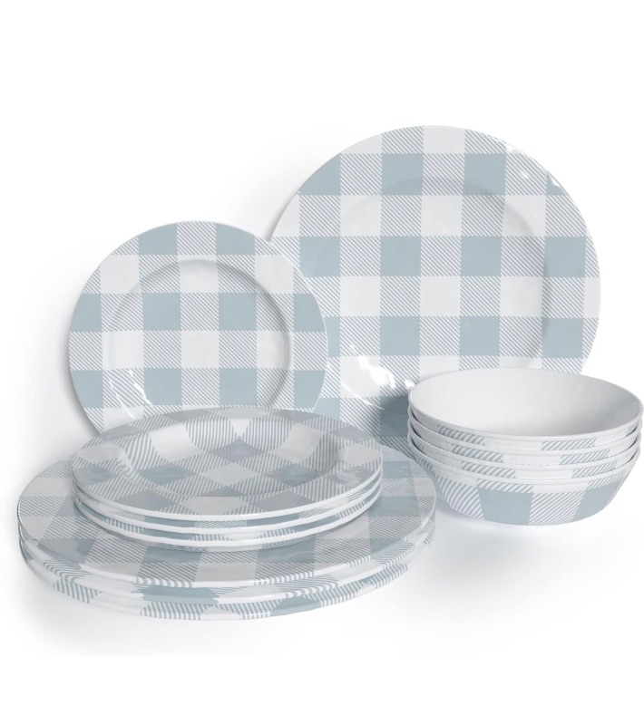 Photo 1 of 626098…12 piece Barnyard chip resistant dinnerware light plaid blue 