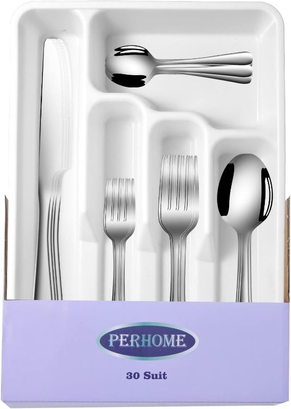 Photo 1 of 30 Piece Silverware Set with Tray, PERHOME Eating Utensils Sets Service for 6, Stainless Steel Flatware Set, Flatware Cutlery Set for Kitchen, Restaurant and Hotel, Include Fork Knife Spoon Set

