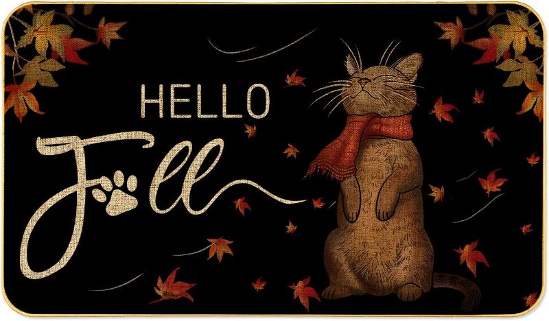 Photo 1 of ARTUFAN Hello Fall Door Mat Fall Cat Doormat Indoor Outdoor Entrance Floor Mat Non Slip Autumn Thanksiving Farmhouse Decor Welcome Mats17 X 29 Inches
