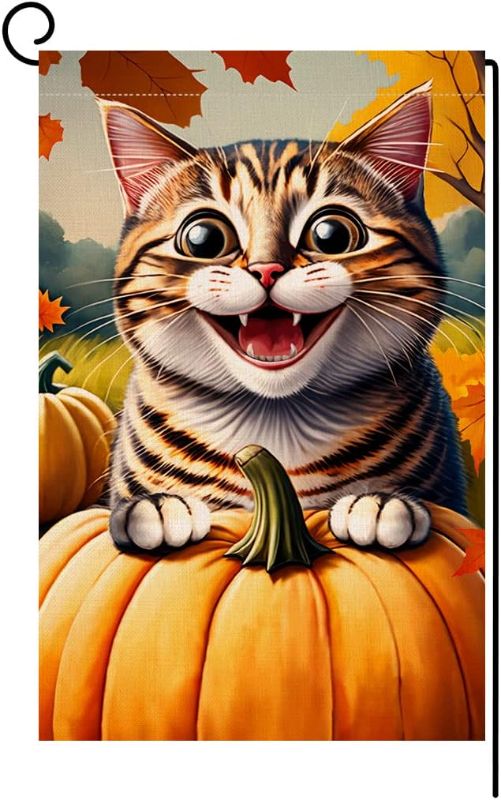 Photo 1 of BLKWHT Funny Cat Fall Garden Flag 12x18 Vertical Double Sided Autumn Pumpkin Maple Leaves Thanksgiving Holiday Outside Decorations Burlap Yard Flag BW472
