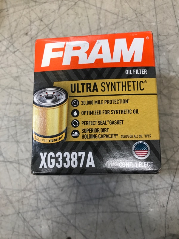 Photo 2 of FRAM Ultra Synthetic Automotive Replacement Oil Filter, Designed for Synthetic Oil Changes Lasting up to 20k Miles, XG3387A with SureGrip (Pack of 1) Pack of 1 Ultra Synthetic