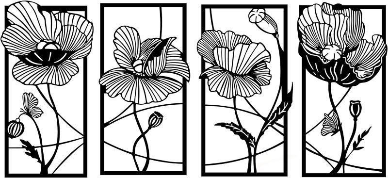 Photo 1 of 4 Piece Flower Set Metal Wall Decor, Flowers Metal Wall Art, 3 Pieces Wall Art, Living Room/Kitchen Decor, Boho Decor, Hanging Flowers Metal Wall Art, Modern Flower Art, Metal Flower Decor, (59.1'' x 29.6''/150 cm x 75 cm, Black)