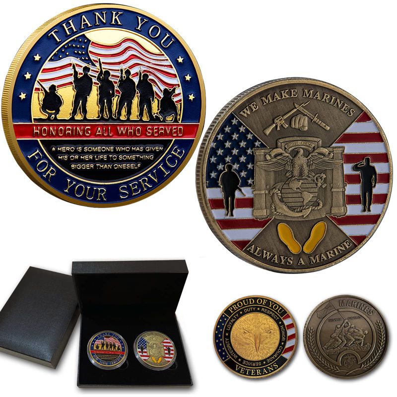 Photo 1 of 2 Pack U.S. Military Veterans & Marine Corps League Challenge Coin - USMC Military Coin Collection with Display Case