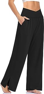 Photo 1 of Fyshipin Women Lounge Pants Casual Loose Wide Leg Cozy Pants with V Crossover Waist Flare Yoga Pant - Black - Sz Large