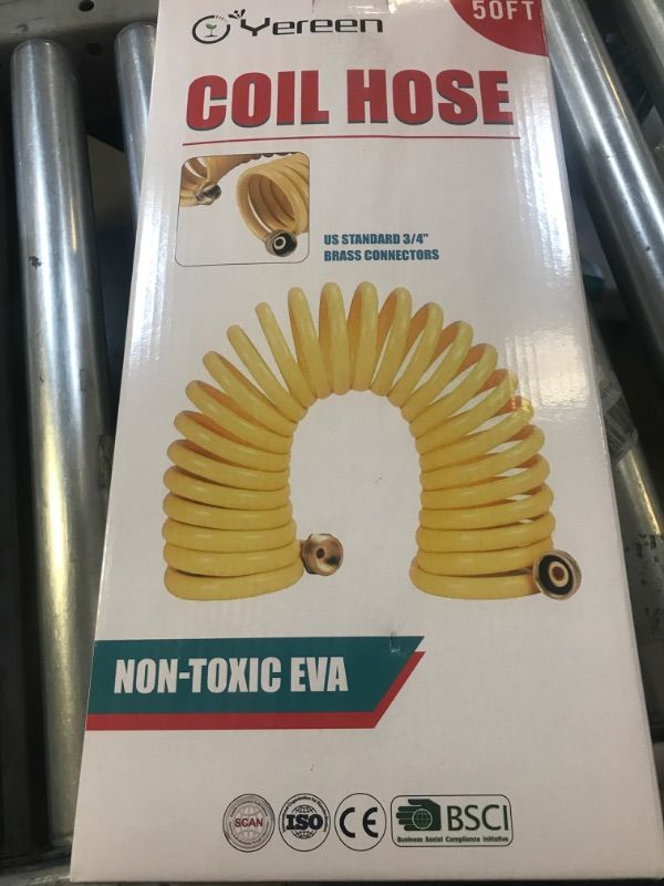 Photo 1 of Yereen Coil Garden Hose 50FT, EVA Recoil Garden Hose, Self-coiling Water Hose with 3/4" Brass Connector Fittings with 8 Function Spray Nozzle, Creamy Yellow 50FT Creamy Yellow
