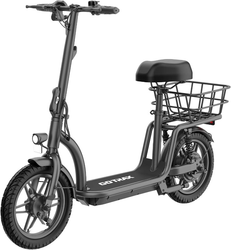 Photo 1 of Gotrax ASTRO Electric Scooter with Seat, 14" Pneumatic Tire and 15.5 Miles Range&15.5Mph Power by 350W Motor, Comfortable Rear Dual Shock Absorption&Wider Seat, EBike with Carry Basket for Adult Black
