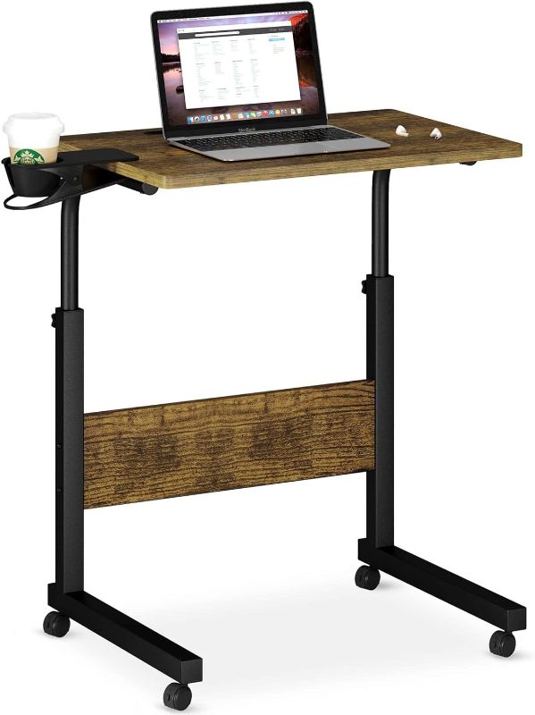 Photo 1 of Klvied Mobile Standing Desk, Rolling Desk with Cup Holder, Portable Laptop CouchTable, Small Computer Desk, Bedside Table, Mobile Laptop Stand, Work Desk for Home Office, Walnut
