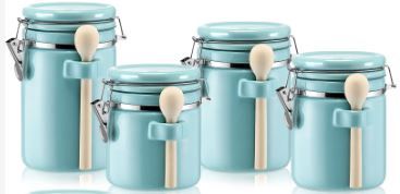 Photo 1 of 4 Pack Ceramic Canister Sets for The Kitchen with Wooden Spoon Turquoise Kitchen Canisters for Countertop Flour Sugar Canisters Airtight Storage Jar for Kitchen Counter Coffee Tea Dry Ingredients