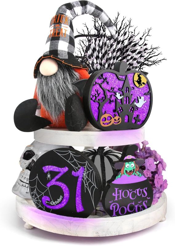 Photo 1 of [Light Up] Halloween Tiered Tray Decorations, Halloween Decor with Cute Gnomes Plush, 2 Light Up Wooden Signs and 1 Rustic Wooden Sign, Halloween Decorations for Home Indoor Table Room Office
