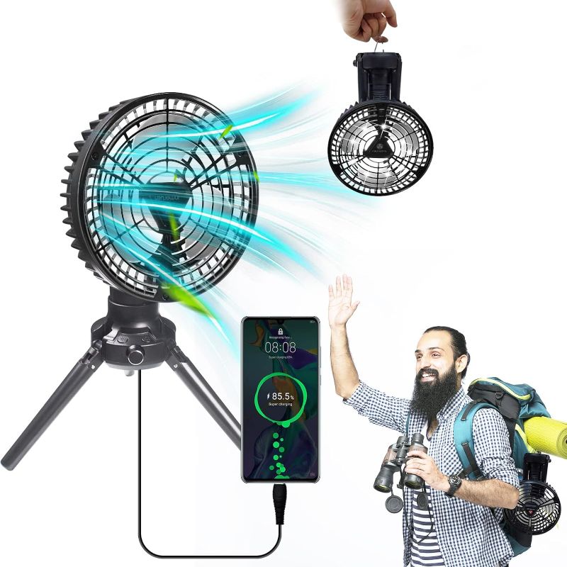 Photo 1 of Portable Camping Fan with Led Lantern, AKYSUN 10400mAh Rechargeable Battery Operated Fan with Hook for Tent, Outdoor, USB Desk Fan for Travel, Fishing, Home, Work & Hurricane Power Outage Emergencies
