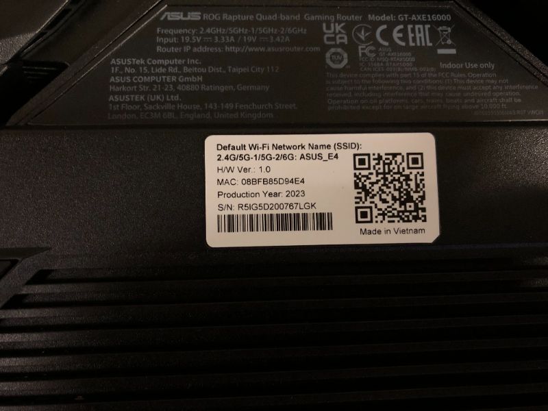 Photo 1 of ASUS ROG Rapture WiFi 6E Gaming Router (GT-AXE16000) - Quad-Band, 6 GHz Ready, Dual 10G Ports, 2.5G WAN Port, AiMesh Support, Triple-Level Game Acceleration, Lifetime Internet Security, Instant Guard AXE16000 | WiFi 6E | 10G Port