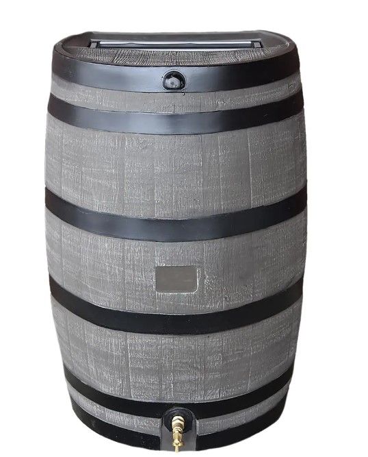 Photo 1 of 50 Gal. Rain Barrel Woodgrain with Black Stripes Color with Brass Spigot
