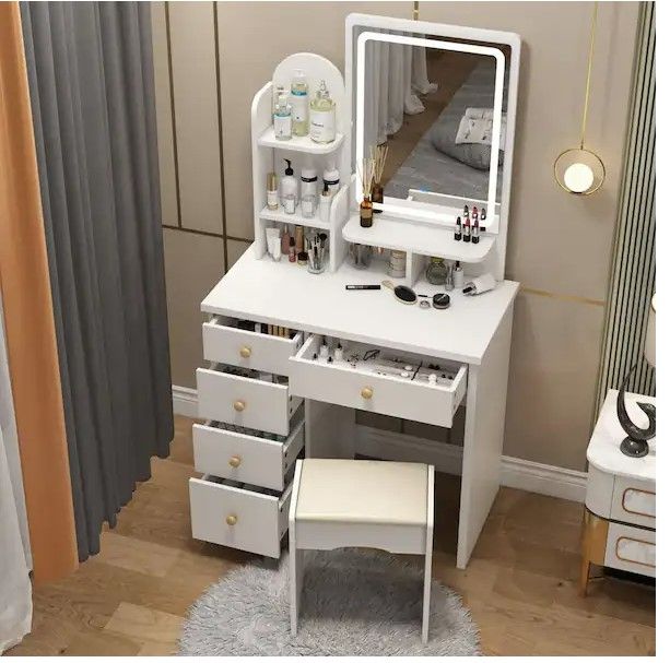 Photo 1 of 5-Drawers White Makeup Vanity Sets Dressing Table Sets With Stool, Mirror, LED Light and 3-Tier Storage Shelves
