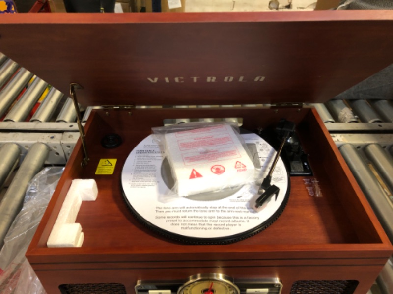 Photo 3 of Victrola Nostalgic 6-in-1 Bluetooth Record Player & Multimedia Center with Built-in Speakers - 3-Speed Turntable, CD & Cassette Player, FM Radio | Wireless Music Streaming | Mahogany Mahogany Entertainment Center