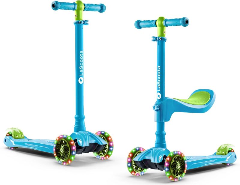 Photo 1 of LaScoota 2-in-1 Kids Kick Scooter, Adjustable Height Handlebars and Removable Seat, 3 LED Lighted Wheels and Anti-Slip Deck, for Boys & Girls Aged 3-12 and up to 100 Lbs.
