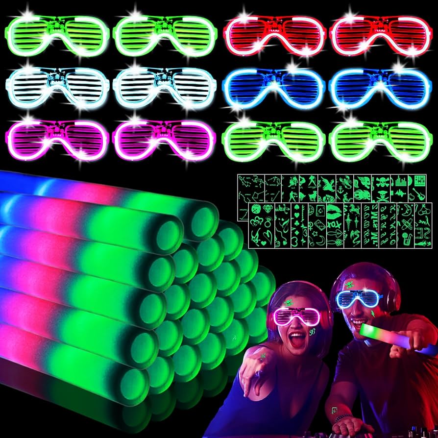 Photo 1 of 56 Pcs Glow Sticks Bulk Comes with 20 Glowing Stickers, LED Foam Sticks with 3 Modes Colorful Flashing, Glow in the Dark Party Supplies for Halloween, Glow Party, Wedding, Concert, Birthday, Camping