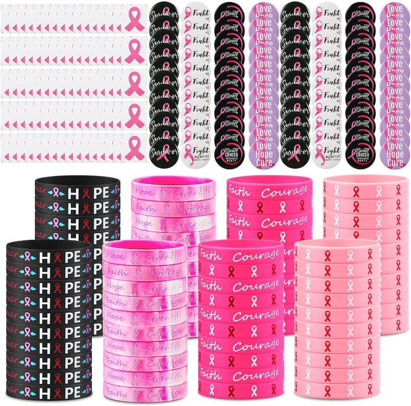 Photo 1 of 240 Pcs Breast Cancer Awareness Accessories, Breast Cancer Bracelets Silicone Wristbands Pink Ribbon Button Pins and Stickers for Hope Faith Strength Courage Gift Event Survivor Charity Party Supply