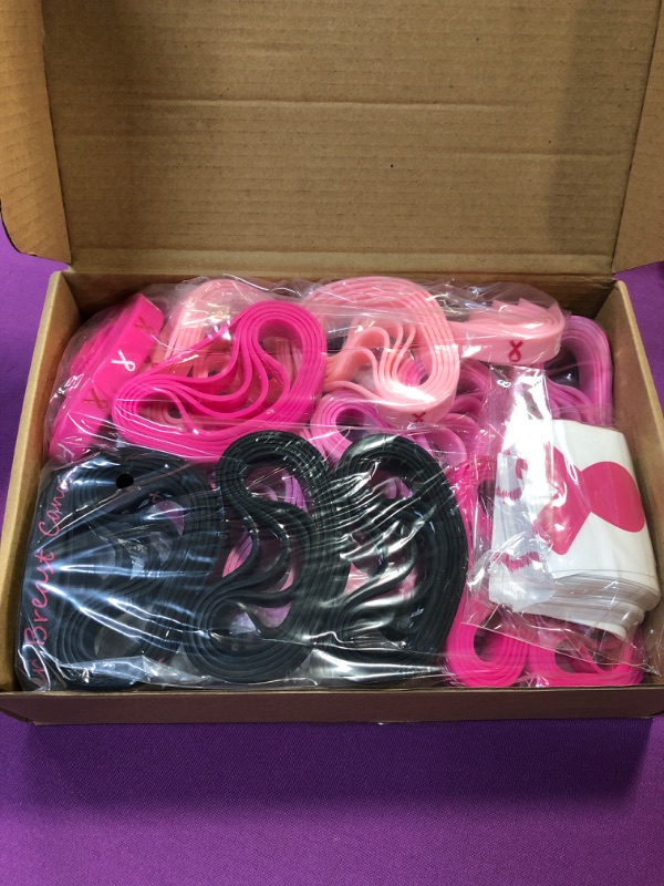 Photo 2 of 240 Pcs Breast Cancer Awareness Accessories, Breast Cancer Bracelets Silicone Wristbands Pink Ribbon Button Pins and Stickers for Hope Faith Strength Courage Gift Event Survivor Charity Party Supply