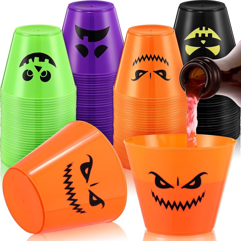 Photo 1 of 120 Pcs Halloween Plastic Cups Bulk 9 oz Disposable Pumpkin Design Cups Jack O Lantern Cups for Kids Adults Halloween Favors Trick or Treat Supplies, Multicolor