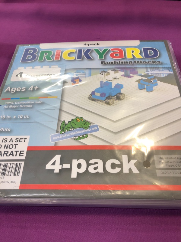 Photo 2 of Brickyard Building Blocks Lego Compatible Baseplate - Pack of 4 Large 10 x 10 Inch Base Plates for Toy Bricks, STEM Activities & Display Table - White White 4-pack