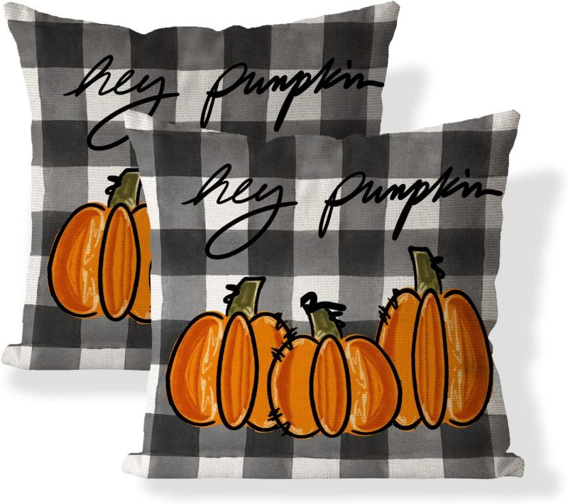 Photo 1 of AOFANGGO Set of 2 Fall Pillow Covers Autumn Decorative Throw Pillow Cases 18x18 Inch Hey Pumpkins Plaids Cushion Covers Faux Linen,Farmhouse,Thanksgiving,Home Décor