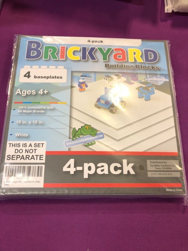 Photo 2 of Brickyard Building Blocks Lego Compatible Baseplate - Pack of 4 Large 10 x 10 Inch Base Plates for Toy Bricks, STEM Activities & Display Table - White White 4-pack