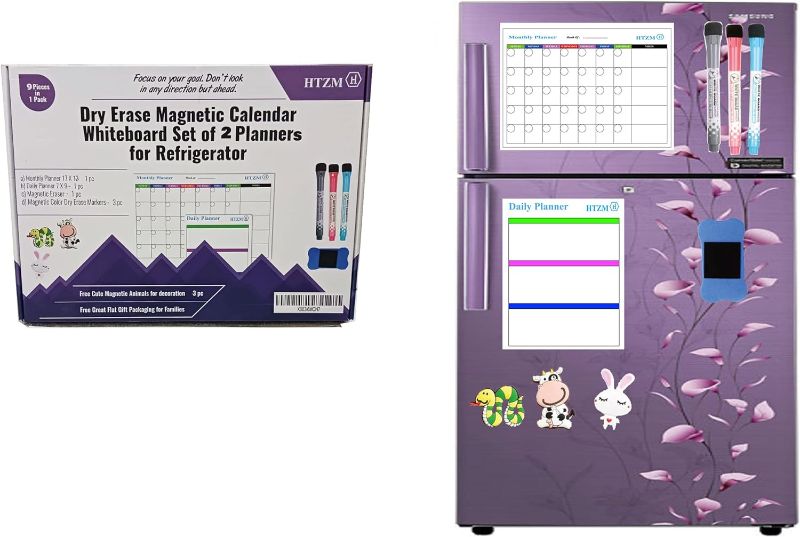 Photo 1 of HTZM Dry Erase magnetic calendar for fridge Calendar Whiteboard Set of 9 pcs, Comes Monthly and Daily Planner, 3 Magnetic Markers,1 Magnetic Eraser, 3 Free Cute Magnetic Stickers for home decorations.