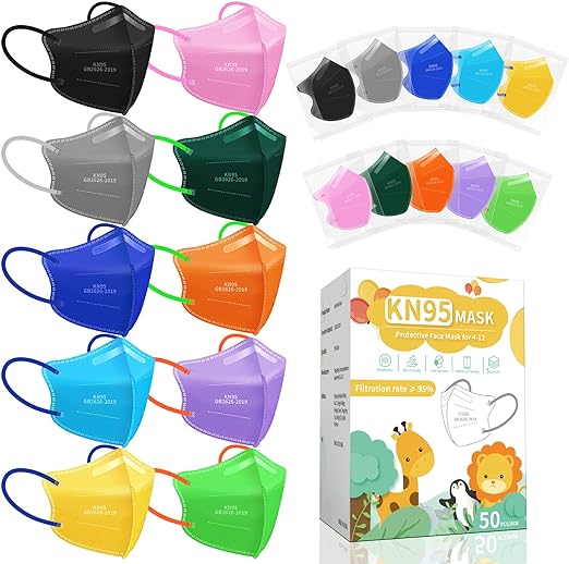 Photo 1 of FENFEN Kids KN95 Face Mask Disposable - Children KN95 Masks Small Size 5 Layer Protection Breathable Dust with Elastic Earloops Girls Boys 10 Colors 50 Pack Individually Wrapped Mascarillas