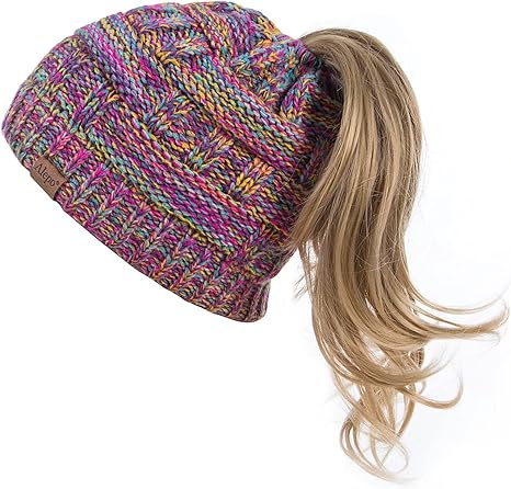 Photo 1 of Alepo Womens High Messy Bun Beanie Hat with Ponytail Hole, Winter Warm Trendy Knit Ski Skull Cap
