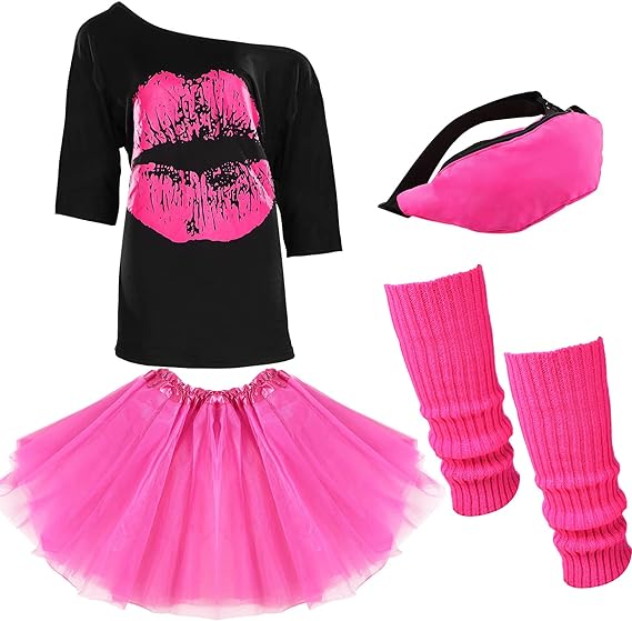 Photo 1 of 80s Costumes for Women 80s Costume Accessories Set T Shirt Tutu Skirt Leg Warmers Waist Bag, 1980s Party Outfit 3xl