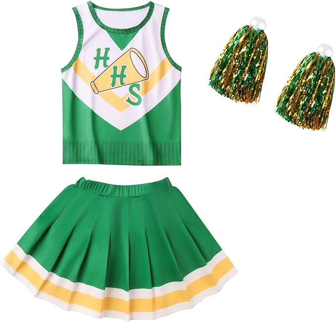 Photo 1 of Cheerleaders Uniform for Girls Stranger Hawkins Tiger Costume Outfit Fancy Dress up for Halloween Party Green 6-7 yr