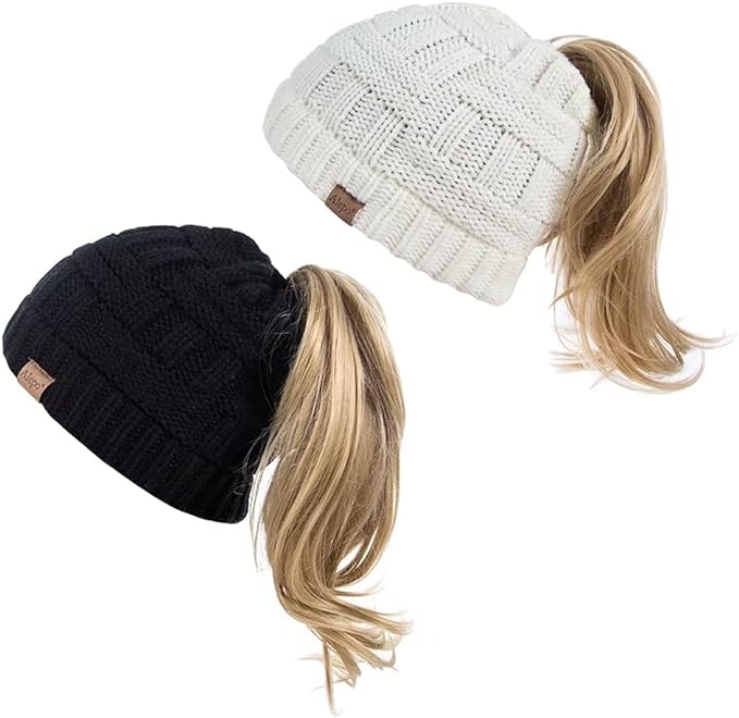 Photo 1 of Alepo Womens High Messy Bun Beanie Hat with Ponytail Hole, Winter Warm Trendy Knit Ski Skull Cap