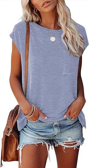 Photo 1 of  Women's Short Sleeve Tunic Tops 2023 Basic Loose T Shirts Solid Color Batwing Cap Sleeve Casual Tee
