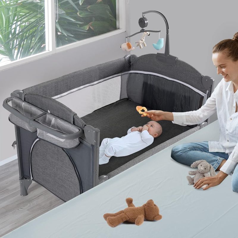 Photo 1 of 5 in 1 Baby Crib,Bedside Sleeper,Baby Bassinet, Bedside Cribs with Mattress, Foldable Baby Playard, Portable Travel Crib for Girl Boy Infant Newborn (Grey)