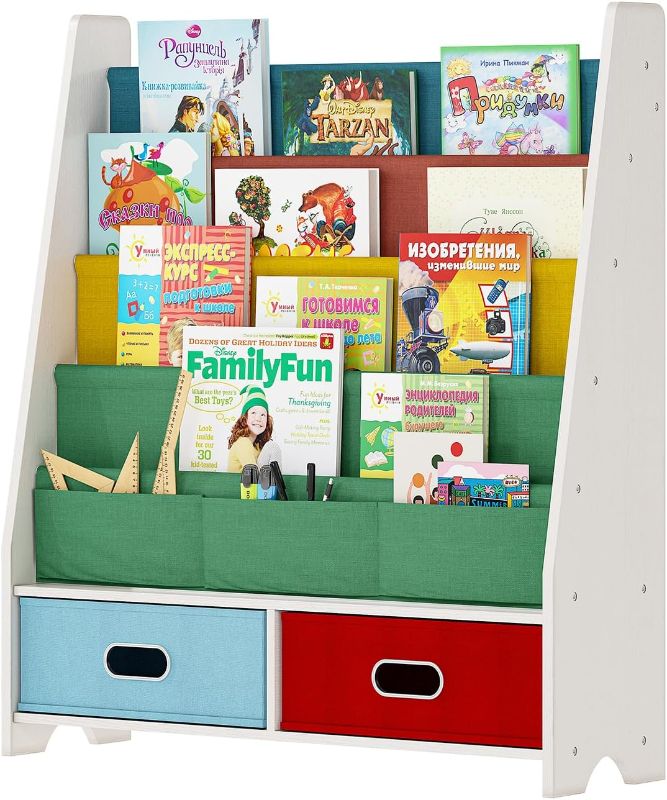 Photo 1 of SEIRIONE Kids Book Rack 4 Sling Bookshelf 2 Cube Bins for Toys Organizer Shelves Beige 27.6x11x34 Inches