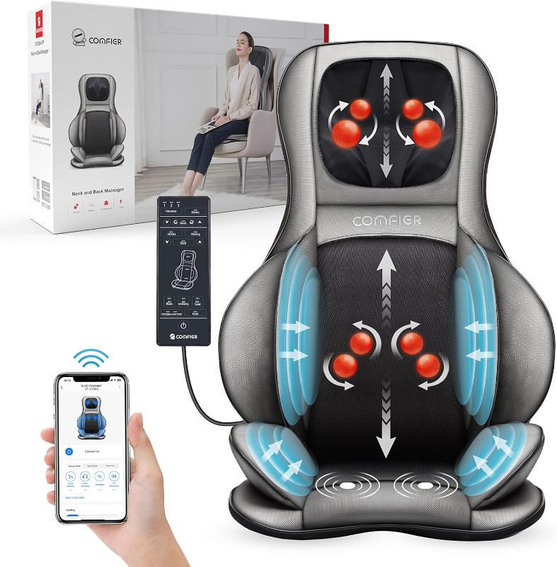 Photo 1 of COMFIER Shiatsu Neck Back Massager with Heat and Compression, App Control 2D or 3D Deep Tissue Kneading Massage Chair Pad, Chair Massager for Full Body Pain Relief, Ideal Gifts,Grey
