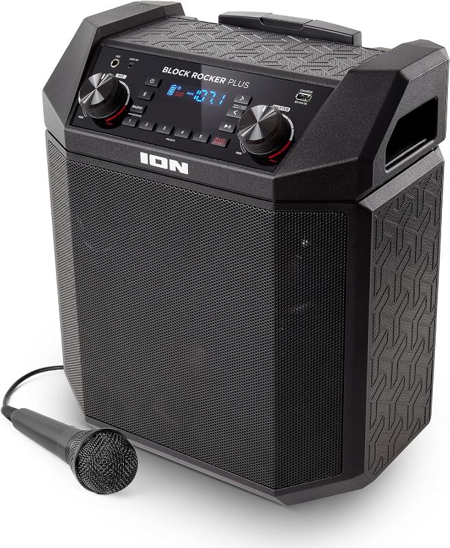 Photo 1 of ION Block Rocker Plus - 100W Bluetooth Outdoor Speaker with Rechargeable Battery, Karaoke Microphone, Radio, Wheels, Telescopic Handle & USB Charging
