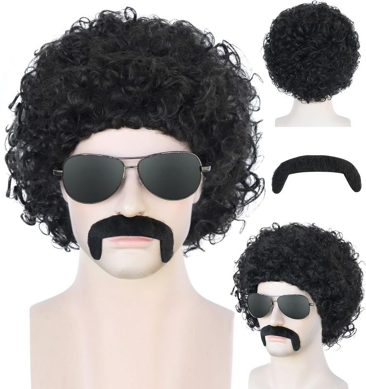 Photo 1 of  1 Black Beard ) 80s Disco Wig Rocker Black Short Curly Wig for Men Synthetic Wig for Halloween Costume Party