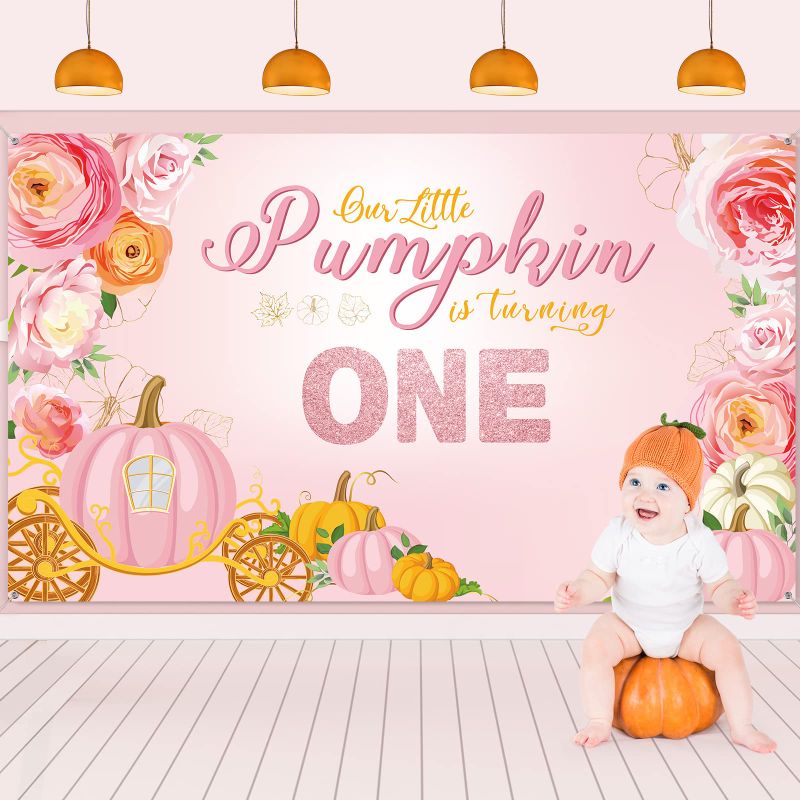 Photo 1 of 2  Fall Thanksgiving Baby Shower Decorations Photography Backdrop Banner Girls Halloween Rustic Wood Our Little Pumpkin is on The Way Harvest Autumn Pumpkin for Party, 6 x 3.6ft (Sweet Style)