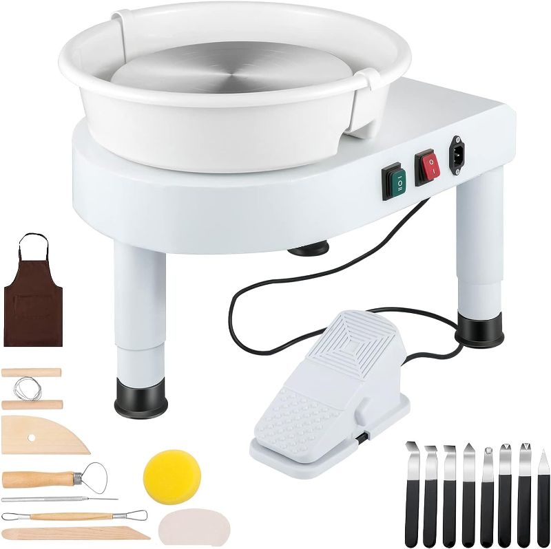Photo 1 of 0-7.8in Lift-Table 0-300RPM Electric Clay Machine Pottery Wheel with Foot Pedal Detachable Basin Sculpting Tool Accessory Kit, White
