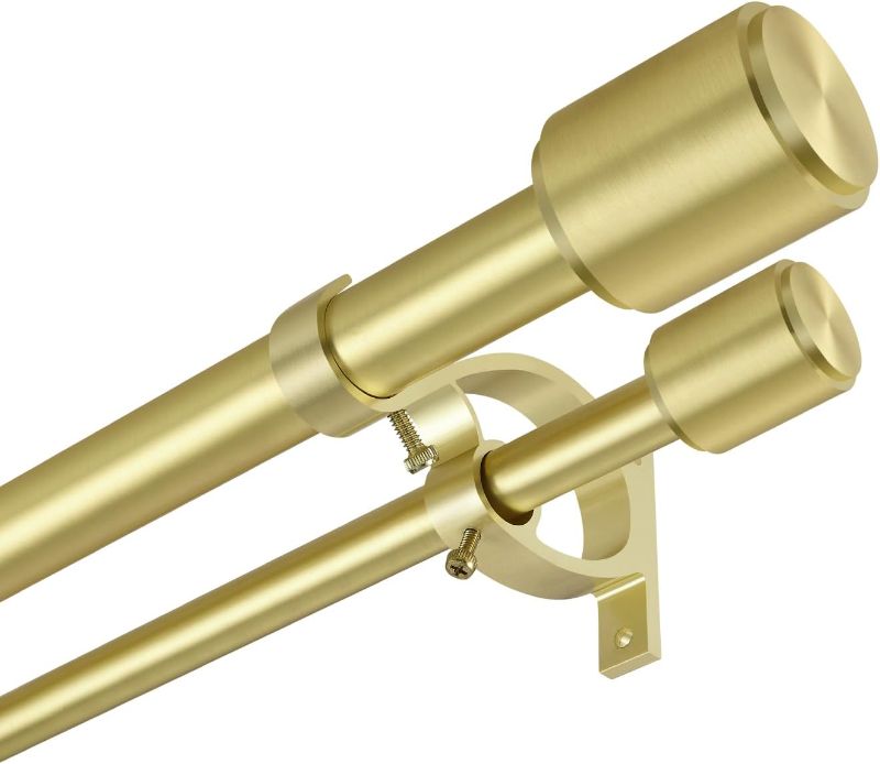 Photo 1 of 1" Window Treatment Curtain Rod with Cylindrical Cap Finials, Double Drapery Rod Adjustable Length 36-72", Brass
