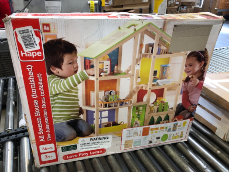 Photo 3 of All Seasons Kids Wooden Dollhouse by Hape | Award Winning 3 Story Dolls House Toy with Furniture, Accessories, Movable Stairs and Reversible Season Theme L: 23.6, W: 11.8, H: 28.9 inch Classic