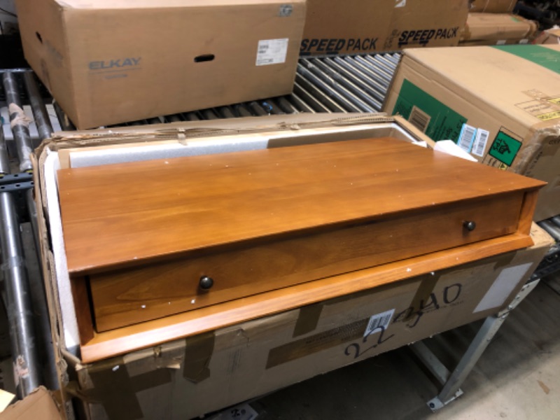 Photo 1 of Mid-Century Modern Computer Desk / 35.75"W / Study Writing Table for Home Office / Solid Wood / Natural Variations of Wood Grains / One Drawer / Partial Assembly, Castanho Brown