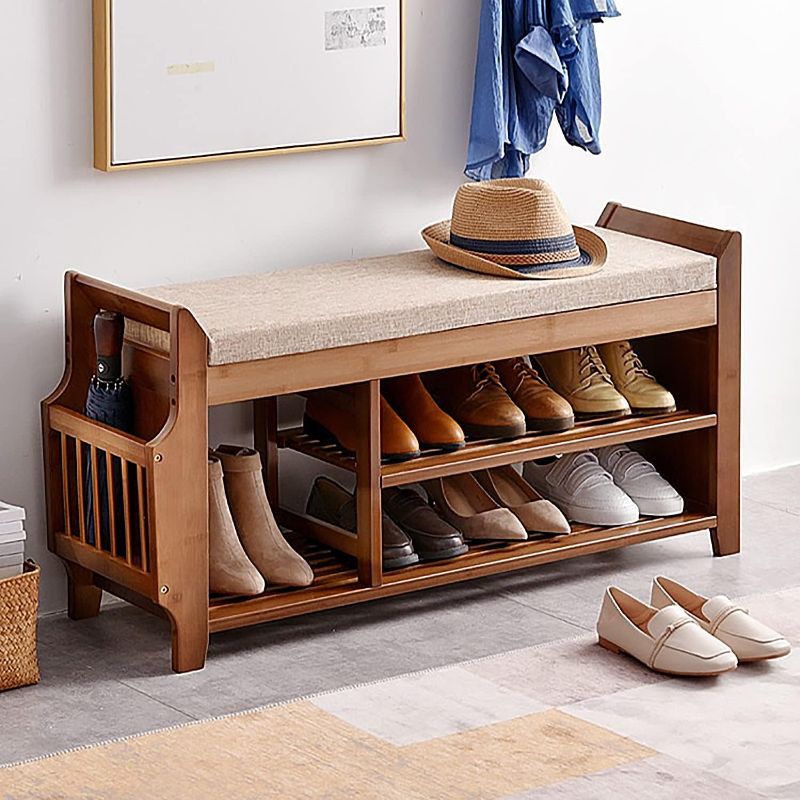 Photo 1 of 2 Tier Shoe Bench, Shoe Rack with Hidden Drawer and Side Holder, Shoe Storage Bench Organizer for Entryway Hallway Living Room, Bamboo Material
