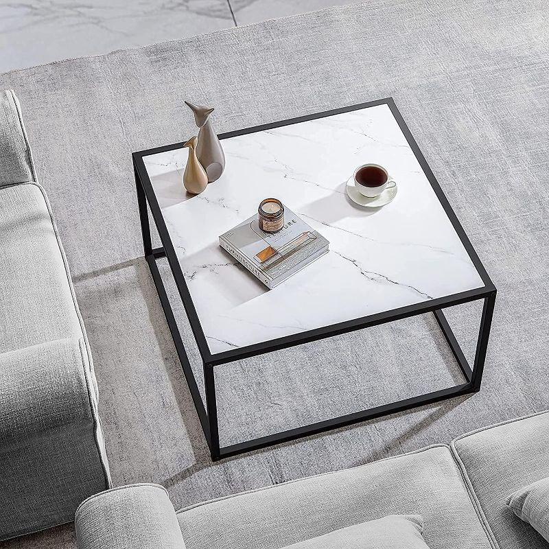 Photo 1 of SAYGOER Marble Coffee Table Small Square Coffee Tables Modern Center Table for Living Room Office 27.6 * 27.6 * 15.7 Inch, Easy Assembly, White Faux Marble
